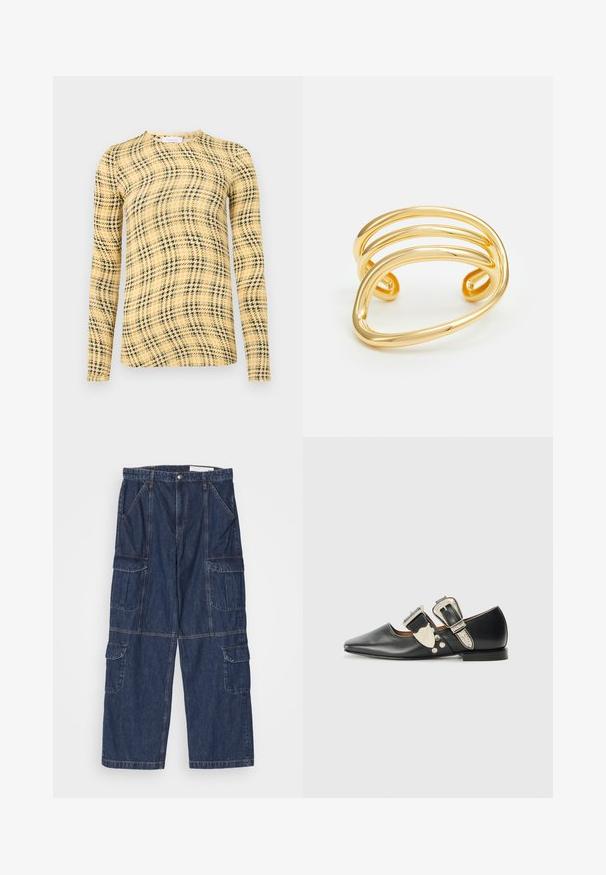 Rabanne Langarmshirt - green/yellow/cream; Dunkelblaue Denim-Cargo-Hosen mit lockerem Schnitt, mehreren Taschen und geradem Bein. Merkmale sind eine aufwendige Nahtgestaltung und ein Knopfverschluss.; Schwarze Lederflachschuhe mit spitzem Zehenbereich, silbernen Schnallenakzenten und dekorativen Nieten. Sie verfügen über einen niedrigen Absatz und eine glatte Textur.; Goldfarbener Armreif mit drei wellenförmigen, glatten Bändern und abgerundeten Enden. Das Design ist minimalistisch und nahtlos mit einer polierten Oberfläche.