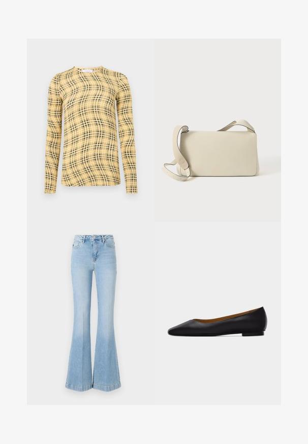 Rabanne Top s dlhým rukávom - green/yellow/cream; Svetlomodré rozšírené džínsy vyrobené z denimu, s vysokým pásom, prednými vreckami a jemným vyblednutím s čistým lemovaním.; Čierna kožená dámska obuv s ostrou špičkou, nízkym podpätkom a hladkým povrchom, zobrazená z boku na svetlošedom pozadí.; Krémová kožená taška cez rameno s nastaviteľným popruhom a klopou, na čistom bielom pozadí.