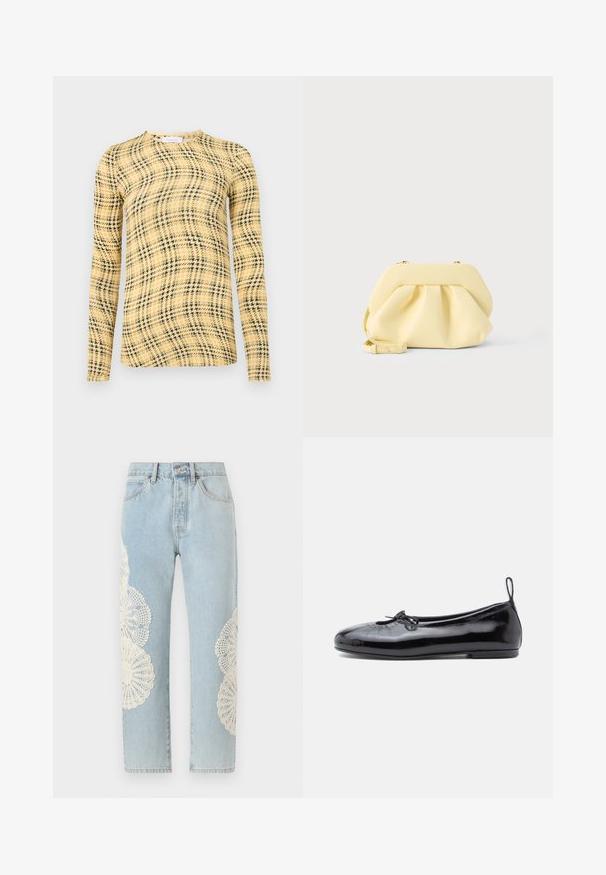 Rabanne Top s dlhým rukávom - green/yellow/cream; FRAME THE VERTICAL - Džínsy s rovným strihom - wisp; Čierne lakované baletky s okrúhlou špičkou, malou mašlou a hladkou textúrou; majú nízky plochý podpätok a pútko na päte.; Jemná žltá kožená kabelka typu clutch so zvyšeným dizajnom a odnímateľným remienkom, položená na jednoduchom svetlom pozadí.