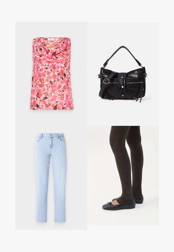 Αμάνικη μπλούζα με κολάρο, λουλουδάτο μοτίβο σε ροζ, πορτοκαλί και καφέ αποχρώσεις, λεία υφή, κατασκευασμένη από ελαφρύ ύφασμα.; Ανοιχτό μπλε τζιν παντελόνι με ίσια γραμμή, από τζιν ύφασμα, με κανονική μέση, πέντε τσέπες και διακριτές ραφές.; Πόδια με σκουρόχρωμα ριμπ κολάν συνδυασμένα με μαύρα μπαλαρίνα παπούτσια με μικρές λεπτομέρειες φιόγκων σε λευκό φόντο.; Even&Odd by Zalando H24462 - Τσάντα χειρός - black