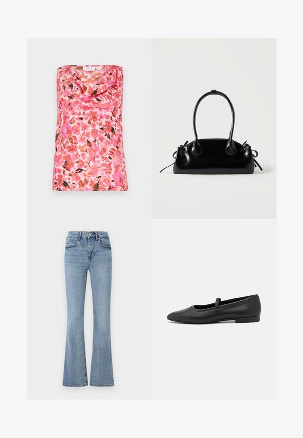 Top sans manches avec un col drapé, motif floral dans des teintes de rose, orange et marron, texture lisse, fabriqué en tissu léger.; Jeans en denim bleu clair avec une taille haute, un bouton et une fermeture éclair à l'avant, cinq poches et des jambes légèrement évasées.; Ballerines noires en cuir lisse, avec un bout rond, une petite sangle sur le dessus et un design minimaliste.; Petit sac à main noir brillant avec deux longues anses et des détails à cordon sur les côtés sur un fond clair uni.