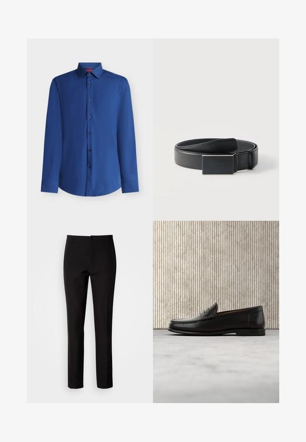 Chemise bleue à manches longues avec ouverture boutonnée à l'avant et col pointu, présentée sur fond blanc.; Pantalon noir en tissu lisse, avec coupe droite, fermeture à boutons sur le devant et poches latérales discrètes. Look simple et ajusté.; Mocassin penny en cuir noir avec talon bas, bout arrondi et détails cousus à l'avant et sur les côtés, présenté sur un fond neutre.; Ceinture en cuir noir enroulée avec une boucle noire mate rectangulaire et un logo embossé discret sur fond blanc.