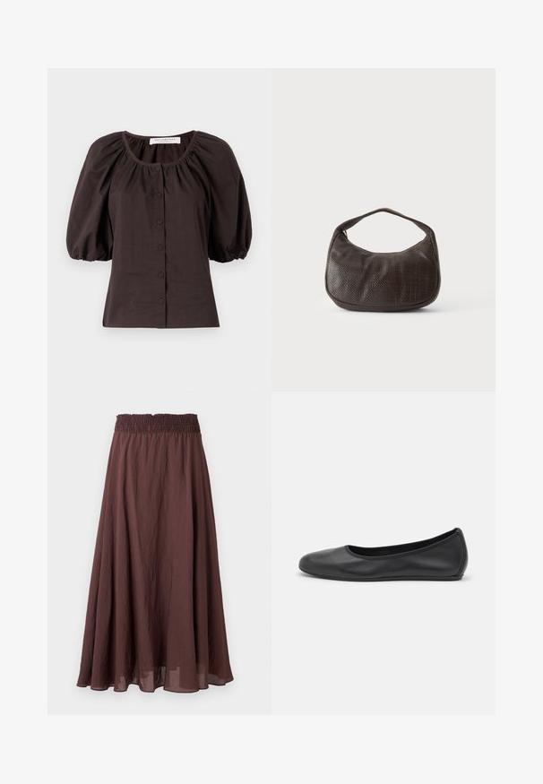 Blouse à manches bouffantes marron foncé avec un col rond et six boutons sur le devant. Fabriquée en tissu léger avec une finition texturée.; Jupe longue forme trapèze marron avec taille élastique froncée et tissu léger légèrement froissé, présentée sur un fond uni.; Ballerines en cuir noir avec un bout rond, texture lisse, détails de couture minimalistes et design de semelle flexible.; Petit sac à main marron foncé texturé avec une courte bandoulière et un fond arrondi sur un fond clair uni.