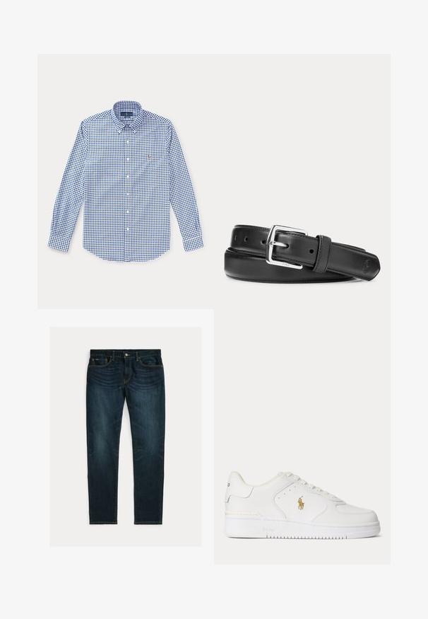 Blauw-wit geruit overhemd met lange mouwen, een kraag en een klein geborduurd logo op de linkerborst.; Donkerblauwe slim-fit jeans met lichte vervaging en vijfzakkenontwerp, plat gelegd op een witte achtergrond.; Witte lage leren sneaker met witte veters en een gouden Polo Ralph Lauren-logo aan de zijkant en "Polo" in de zool gegraveerd.; Zwarte leren riem met zilverkleurige rechthoekige gesp, opgerold op een witte achtergrond, met een subtiel geperst logo aan de punt.
