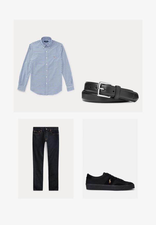 Blauw-wit geruit overhemd met lange mouwen, een kraag en een klein geborduurd logo op de linkerborst.; Donkerblauwe slim-fit jeans met vijf zakken, knoopsluiting en contrasterende stiksels, plat gelegd op een lichte achtergrond.; Zwarte sneakers met een bovenwerk van stof en suède, ronde neus, platte rubberen zool en geborduurd logo aan de zijkant. Vetersluiting met zes veterogen.; Zwarte leren riem met zilverkleurige rechthoekige gesp, opgerold op een witte achtergrond, met een subtiel geperst logo aan de punt.