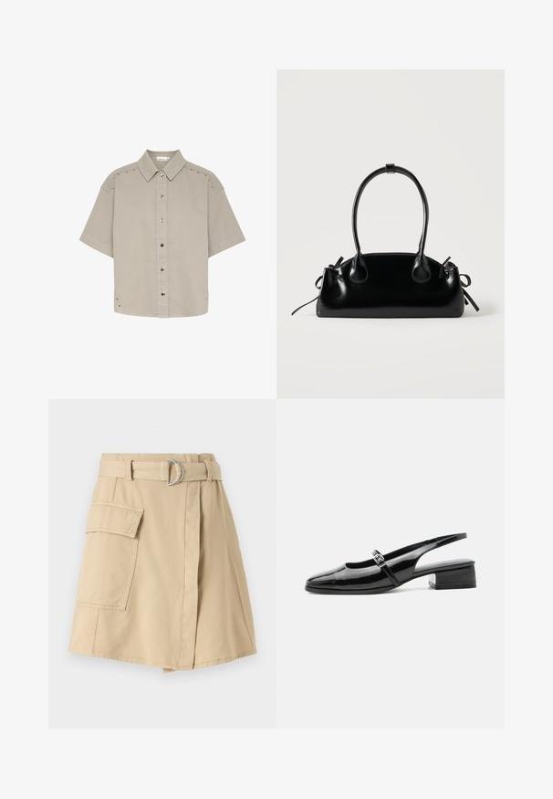 Chemise à manches courtes, gris clair, en tissu texturé, avec des boutons-pression et des accents en clous le long des épaules et des côtés.; Jupe en coton beige avec une poche latérale, taille ceinturée avec un anneau argenté, et une légère silhouette en A. Texture lisse et design simple.; Chaussure slingback en cuir verni noir avec un petit talon bloc et une fine bride avec une boucle argentée sur le dessus.; Petit sac à main noir brillant avec deux longues anses et des détails à cordon sur les côtés sur un fond clair uni.