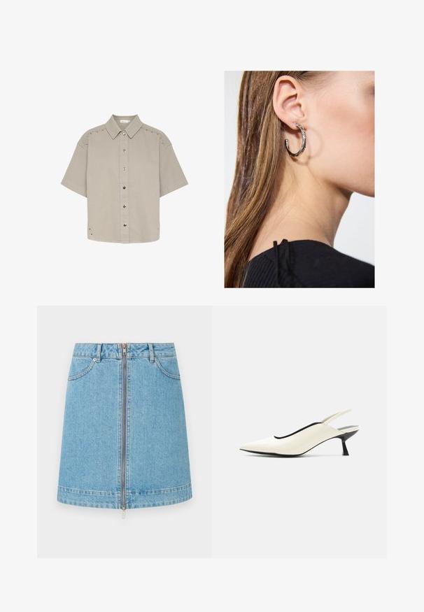 Chemise à manches courtes, gris clair, en tissu texturé, avec des boutons-pression et des accents en clous le long des épaules et des côtés.; Jupe en denim bleu clair avec fermeture éclair à l'avant, passants de ceinture et poches avant, présentée sur un fond uni.; Chaussure slingback pointue couleur crème avec petit talon noir style escarpin bas et finition en cuir lisse sur fond blanc.; Boucle d'oreille en argent avec une finition polie, présentant de petits détails en or et de forme ronde, portée sur le lobe.