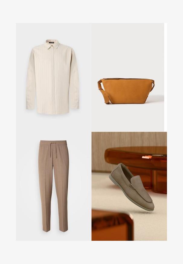 Lyse beige langærmet skjorte med knapkrave, der har lodrette striber, lige snit og enkeltknapsmanchetter.; Brune, vævede bukser med en afslappet pasform, snøre i taljen og frontfald. Lige ben og ingen synlige lommer eller metaldele.; Beige ruskind slip-on loafer med synlige syninger og lys sål, placeret over cremefarvet tæppe med orange gennemsigtigt møbel i baggrunden.; Lys brun læder crossbody taske med justerbar rem og lynlås, vist mod en ensartet lys baggrund.