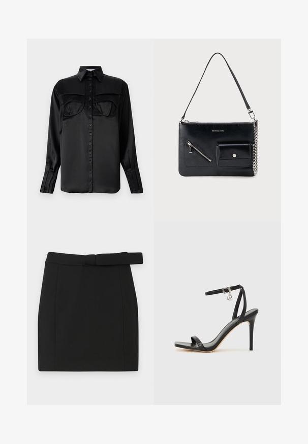 Schwarze Satin-Hemdbluse mit langen Ärmeln, zwei Brusttaschen, spitzem Kragen und Ein-Knopf-Manschettendetail. Glatte Textur.; Schwarzer Minirock aus glattem Stoff, mit einem Gürtel an der Taille, geradem Schnitt und sauberen Nähten ohne zusätzliche Muster oder Verzierungen.; Schwarze High-Heel-Sandale mit schmalem Knöchelriemen, quadratischer Zehenbox, glattem Leder und metallischem Schnallenakzent.; Schwarze Michael Kors Leder-Umhängetasche mit oberem Reißverschluss, diagonalem Reißverschlussfach vorne, Klappentasche mit Druckknopf und silbernem Kettendetail.