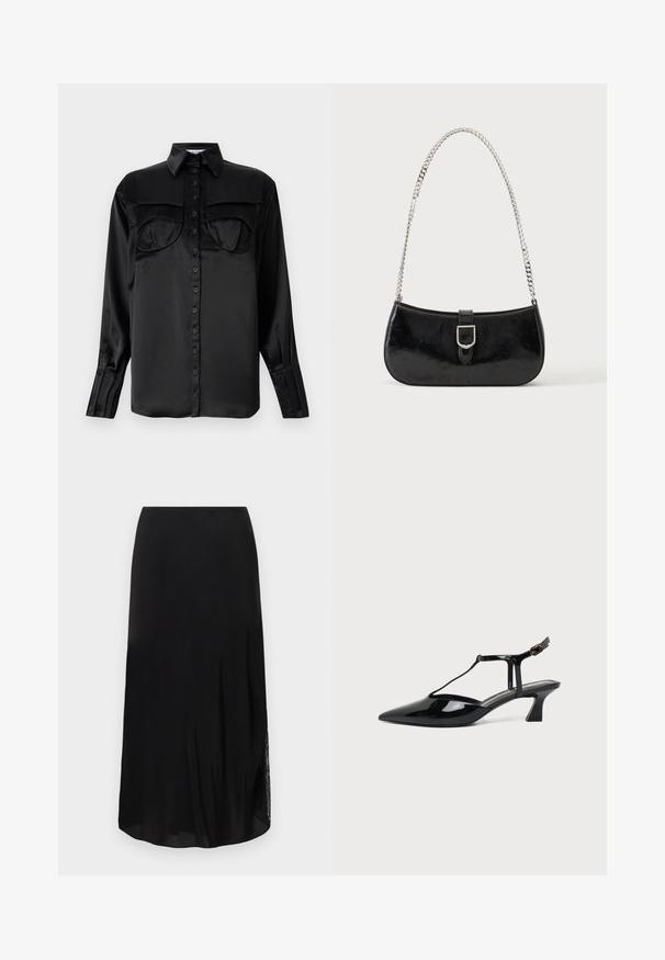 Sorte satin skjorte med knaplukning og lange ærmer, to brystlommer, spids krave og enkelt knapdetalje ved ærmet. Glat tekstur.; Sort midi-nederdel i et let, glat stof. Har en subtil blonderdygt på den ene side, som skaber en raffineret og flydende silhuet.; Sort laklæder spids tå slingback sko med T-rem og lav skrå blokhæl på hvid baggrund.; Sort skuldertaske i laklæder med sølv spænde og sølv kæderem, vist mod en ensartet lys baggrund.