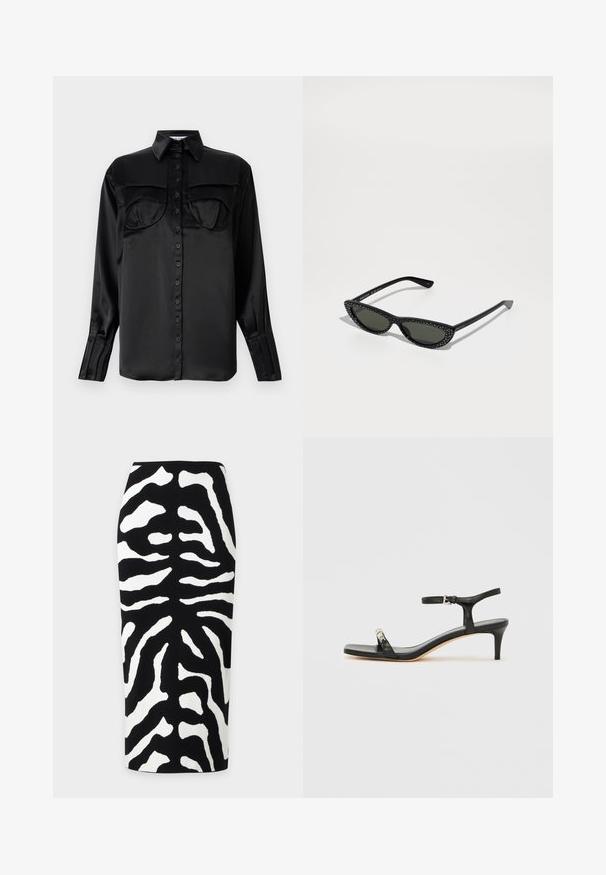 Sorte satin skjorte med knaplukning og lange ærmer, to brystlommer, spids krave og enkelt knapdetalje ved ærmet. Glat tekstur.; Sort-hvid zebra print blyantnederdel med høj talje og knælængde på ensfarvet baggrund.; Sort læder sandal med hæl og ankelrem, åben tå, firkantet front og sølvfarvede metalaccenter. Figurformet design med en slank profil.; Sorte cat-eye solbriller med mørke linser og små sølvnitter langs rammekanterne, præsenteret på en hvid overflade.