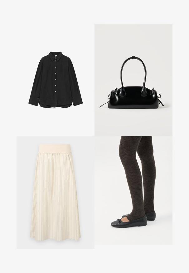 Chemise noire à boutons en tissu lisse, dotée d'un col, de manches longues et d'un ourlet légèrement incurvé avec des accents de boutons.; Jupe crème plissée avec fines rayures verticales, dotée d'une ceinture élastique douce. Fabriquée en tissu léger pour le confort.; Jambes portant des leggings côtelés foncés associés à des ballerines noires avec de petits détails en nœud sur fond blanc.; Petit sac à main noir brillant avec deux longues anses et des détails à cordon sur les côtés sur un fond clair uni.
