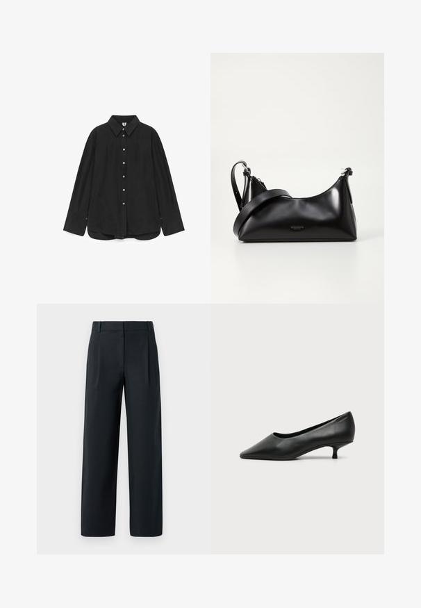 Chemise noire à boutons en tissu lisse, dotée d'un col, de manches longues et d'un ourlet légèrement incurvé avec des accents de boutons.; Pantalon noir ajusté avec une coupe droite, présentant des plis avant, une texture lisse et des passants de ceinture. Pas de poches visibles.; Escarpin femme en cuir noir à petit talon, bout pointu et petit talon kitten sur fond clair uni.; Sac à main en cuir noir avec une texture lisse. Dispose d'une bandoulière adjustable et d'un design élégant et minimaliste avec une fermeture éclair.