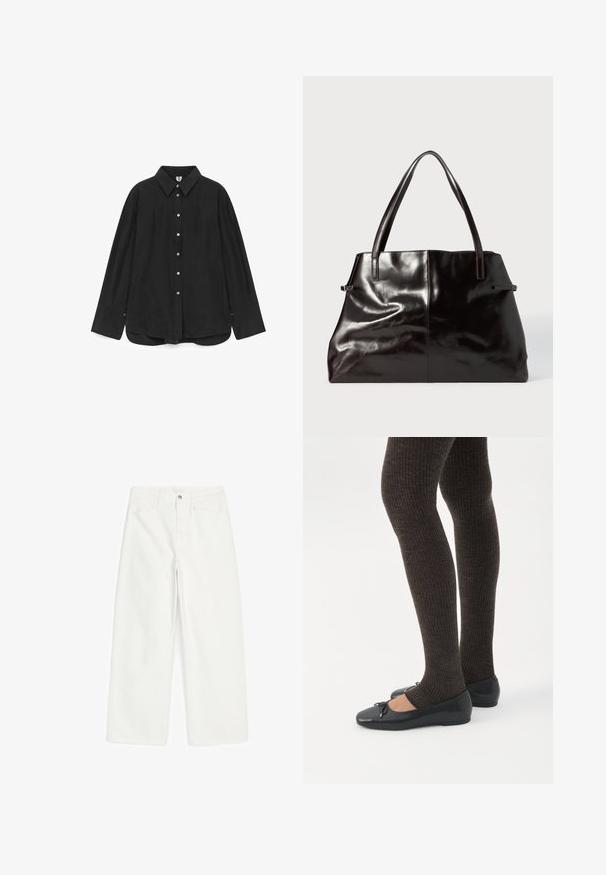 Chemise noire à boutons en tissu lisse, dotée d'un col, de manches longues et d'un ourlet légèrement incurvé avec des accents de boutons.; Jean blanc à jambes larges avec poches avant, passants pour ceinture, fermeture par bouton et couture visible sur chaque jambe.; Jambes portant des leggings côtelés foncés associés à des ballerines noires avec de petits détails en nœud sur fond blanc.; Sac fourre-tout en cuir noir avec texture lisse, deux longues poignées et des coutures subtilement visibles. Présente une large ouverture, idéale pour transporter des objets.