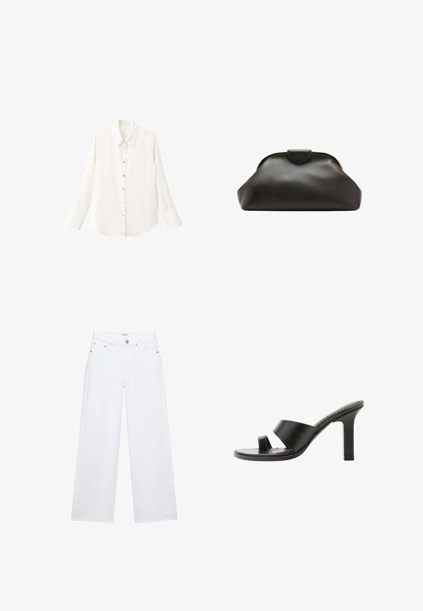 Chemise blanche à manches longues avec col classique et fermeture boutonnée à l'avant ; elle est conçue dans un tissu léger et lisse avec un ourlet arrondi.; Jean blanc taille haute à jambes larges avec fermeture à boutons et zip, poches avant et arrière, et détails en rivets argentés.; Sandale noire à talon haut avec une large bride sur le pied et une boucle pour l’orteil, vue de côté sur fond blanc.; Pochette en cuir noir souple avec un cadre arrondi et une petite fermeture à languette en haut au centre.
