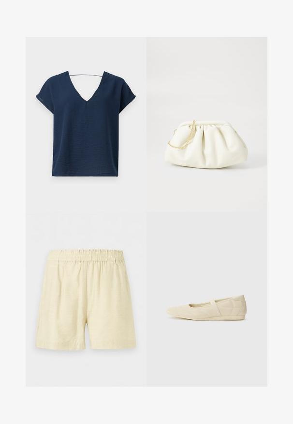 Navyblaues V-Ausschnitt-Oberteil mit kurzen Ärmeln, aus strukturiertem Stoff, mit lockerer Passform und einfachem Design. Keine sichtbaren Befestigungen oder Verzierungen.; Beige Shorts mit elastischem Bund, entspannter Passform und mittellanger Oberschenkellänge, aus leichtem Stoff.; Beige Ballerinas aus glattem Leder mit mandelförmiger Zehenpartie und elastischem Riemen über dem Fußrücken, ausgestattet mit dezenten Nähtelementen.; Weiße Lederhandtasche mit einem gerafften Design, ausgestattet mit einem goldenen Kettenriemen und einer runden Form. Glatte Textur mit sanften Falten und ohne Muster.