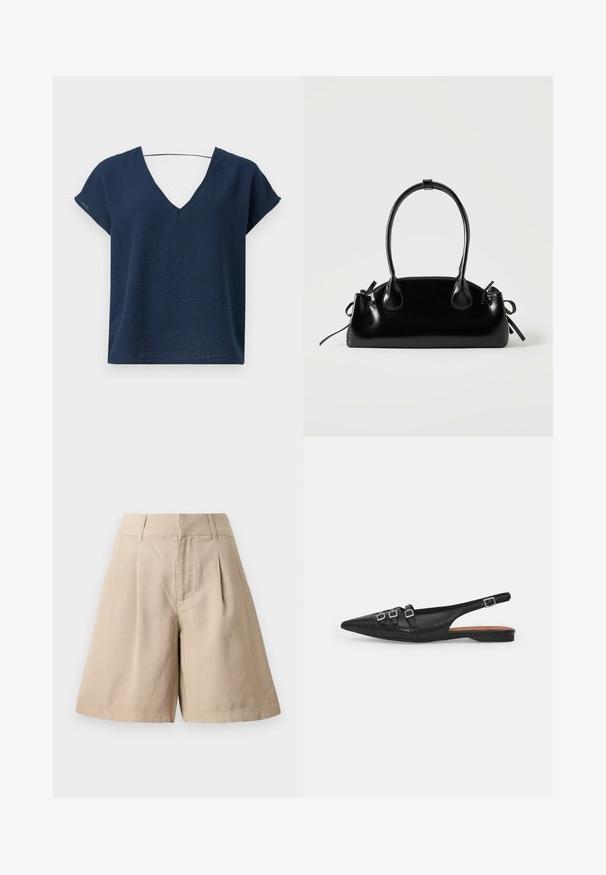 Navyblaues V-Ausschnitt-Oberteil mit kurzen Ärmeln, aus strukturiertem Stoff, mit lockerer Passform und einfachem Design. Keine sichtbaren Befestigungen oder Verzierungen.; Beige Baumwollshorts mit Falten, hohe Taille und geradem Schnitt. Die glatte Textur und das maßgeschneiderte Design sorgen für einen strukturierten Look.; Schwarze Leder-Slingback-Ballerina mit spitzem Zeh, ausgestattet mit zwei horizontalen Riemen und quadratischen silbernen Schnallen, mit flachem Absatz und glatter Oberfläche.; Kleine schwarze glänzende Handtasche mit zwei langen Griffen und seitlichen Kordelzug-Details vor einfachem hellem Hintergrund.