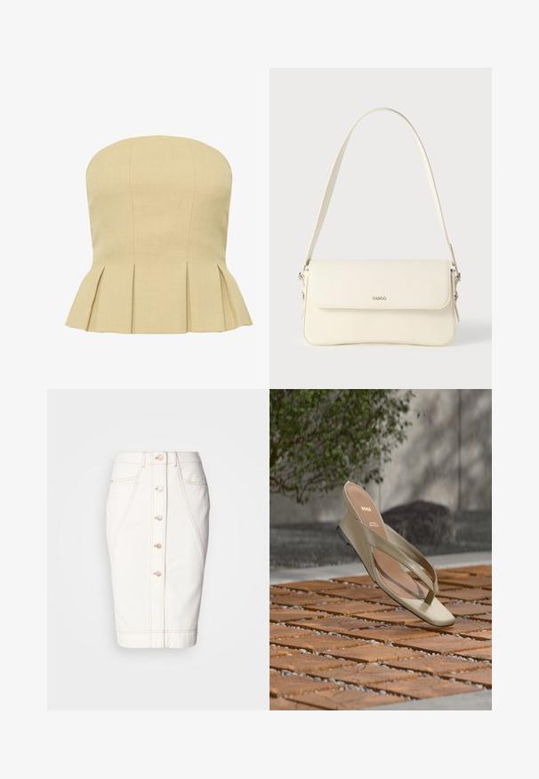Haut péplum beige sans bretelles avec des coutures verticales et des plis à la taille créant une silhouette évasée.; Jupe en denim blanc avec un bouton à l'avant, couture visible et une silhouette crayon. Pas de poches visibles. Texture lisse.; Sandale à lanière en cuir beige avec le logo BOSS sur la semelle intérieure, flottant au-dessus d'une terrasse en lattes de bois avec du petit gravier entre les lattes.; Sac à bandoulière en cuir couleur crème avec fermeture à rabat, quincaillerie argentée, une bandoulière réglable et un logo discret.