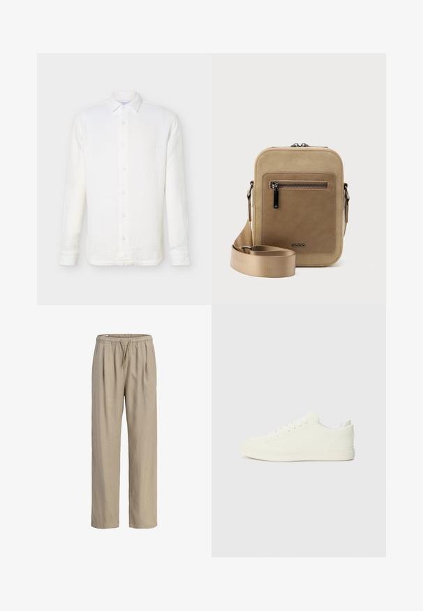 Chemise blanche à manches longues avec boutons et col classique, réalisée en tissu léger texturé, présentée sur un fond uni.; Pantalon beige à coupe ample avec taille élastique et cordon de serrage, jambes droites et poches latérales.; Baskets blanches avec une tige à texture lisse, bout arrondi et laçage traditionnel, arborant un design minimaliste et une semelle en caoutchouc.; Petit sac bandoulière beige avec poche avant zippée, logo métallique ALDO, sangle large ajustable et forme rectangulaire arrondie sur fond blanc.