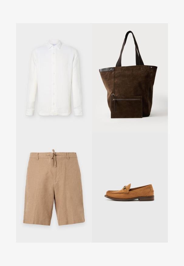 Chemise blanche à manches longues avec boutons et col classique, réalisée en tissu léger texturé, présentée sur un fond uni.; Shorts beige longueur genou avec taille à cordon et passants de ceinture, fabriqués en tissu léger et texturé.; Mocassin pour homme en daim marron clair avec détail en métal et couture mocassin, présenté en profil sur un fond blanc uni.; Sac cabas en daim marron foncé avec des poignées noires et une pochette rectangulaire zippée assortie fixée à l'avant.