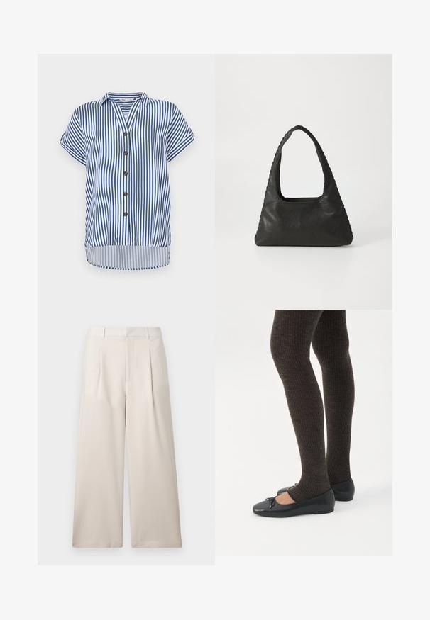 Chemise à manches courtes à boutons avec des rayures verticales bleues et blanches, un col, cinq boutons marron et un ourlet légèrement arrondi.; ONLY ONLLANDO PLEAT CULOTTE PANT - Pantalon classique - pumice stone; Jambes portant des leggings côtelés foncés associés à des ballerines noires avec de petits détails en nœud sur fond blanc.; Sac à main en cuir noir de forme triangulaire, avec une grande poignée découpée et des coutures détaillées le long des bords. Texture lisse.