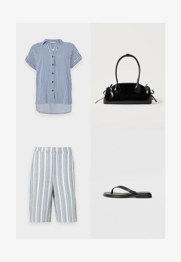 Chemise à manches courtes à boutons avec des rayures verticales bleues et blanches, un col, cinq boutons marron et un ourlet légèrement arrondi.; Shorts en lin avec des rayures verticales bleu et blanc, taille régulière avec fermeture à bouton, et deux poches latérales.; Tongs noires en cuir lisse, avec un design de sangle fine et une semelle plate à profil minimal. Aucun motif ou accent notables.; Petit sac à main noir brillant avec deux longues anses et des détails à cordon sur les côtés sur un fond clair uni.