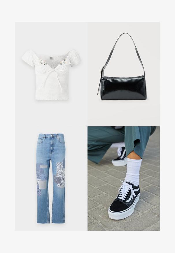 Top blanco sin mangas con tela fruncida, mangas cortas abullonadas, bordado floral en el escote y detalle de lazo en la parte delantera.; Jeans de mezclilla azul claro con un diseño de pierna ancha, que presentan varios parches de tela con patrones en azules y blancos en la parte frontal.; Zapatillas de ante negro con acentos y cordones blancos, que cuentan con una gruesa suela blanca y costuras en contraste, combinadas con un calcetín blanco.; Bolso de hombro rectangular negro con una correa ajustable y un cierre de cremallera superior sobre un fondo liso.