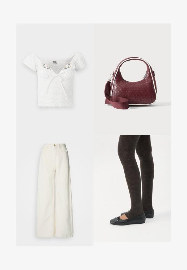 Top blanco sin mangas con tela fruncida, mangas cortas abullonadas, bordado floral en el escote y detalle de lazo en la parte delantera.; Pantalones de pierna ancha confeccionados con tela ligera en color blanco roto. Presentan cintura alta, bolsillos delanteros y cierre con botones.; Piernas con leggings oscuros acanalados combinados con bailarinas negras que presentan pequeños detalles de lazo sobre un fondo blanco.; Bolso de mano de cuero tejido color granate con asa curva, ribete blanco, cremallera plateada y correa desmontable de tela ancha para el hombro sobre fondo liso.