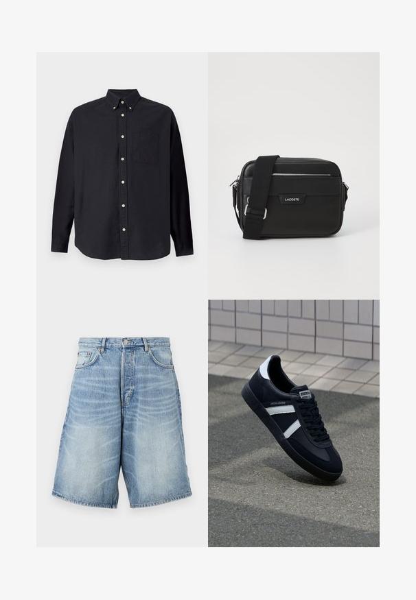 Schwarzes Langarmhemd aus Baumwolle. Es hat einen Kentkragen, eine Brusttasche und eine durchgehende Knopfleiste mit hellen Knöpfen.; Jeansshorts in Hellblau mit einem verwaschenen Look. Verfügt über einen knöpfbaren Bund, Gürtelschlaufen und zwei Fronttaschen.; Schwarze Leder-Sneaker mit weißen Streifen, strukturiertem Gummisohle und Schnürung. Verfügt über ein Markenetikett auf der Zunge.; Schwarze Umhängetasche aus strukturiertem synthetischem Material, mit silbernem Beschlag, verstellbarem Gurt, ausgestattet mit einem Logo-Schild auf der Vorderseite und einem Reißverschluss.