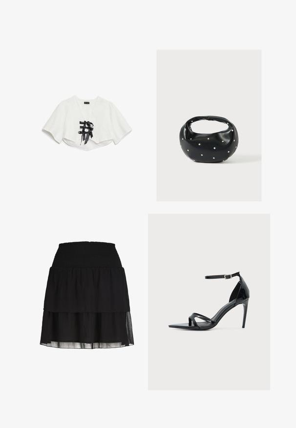 Hvid cropped top med korte ærmer, der har et tekstureret mønster, V-hals og tre sorte satinbåndknuder foran.; Sort flæset mininederdel med bred, smocket elastik i taljen og let gennemsigtige lag af stof.; Sort laklædersandal med høje hæle, tynd ankelrem, åben tå og minimalistisk design på en ensfarvet lys baggrund.; Sort læderhåndtaske med en rundet form, dekoreret med sølvnitter, og et kort håndtag. Glat tekstur og lynlåslukning.