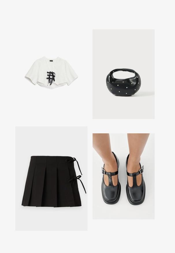 Weißes, kurzärmeliges Crop-Top mit strukturiertem Muster, V-Ausschnitt und drei schwarzen Satinband-Schleifen vorne.; Schwarzer, gefalteter Rock mit Seitenschnüren, hergestellt aus einem glatten Stoff; verfügt über ein strukturiertes Design und klare Linien.; Schwarze Lederschuhe mit T-Riemen-Design, geschlossenem Zehenbereich und silbernen Schnallenakzenten. Glatte Textur mit rundem Zehenbereich und flacher Sohle.; Schwarze Lederhandtasche mit abgerundeter Form, verziert mit silbernen Nietenakzenten und kurzem Griff. Glatte Struktur und Reißverschlussverschluss.