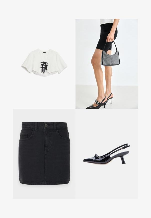 Weißes, kurzärmeliges Crop-Top mit strukturiertem Muster, V-Ausschnitt und drei schwarzen Satinband-Schleifen vorne.; Schwarzer Denimrock mit figurbetontem Schnitt, Fünf-Taschen-Stil und einer vorderen Knopfleiste. Verfügt über dezente Nähte und einen geraden Saum.; Schwarzer Slingback-Schuh aus Lackleder mit spitzer Schuhspitze, kleinem Knotendetail und ausgestelltem mittelhohem Absatz vor weißem Hintergrund.; Schwarze Perlen-Handtasche mit geschwungener Silhouette, Tragegriff und glänzender Textur. Kombiniert mit schwarzen High Heels und enganliegenden schwarzen Shorts.