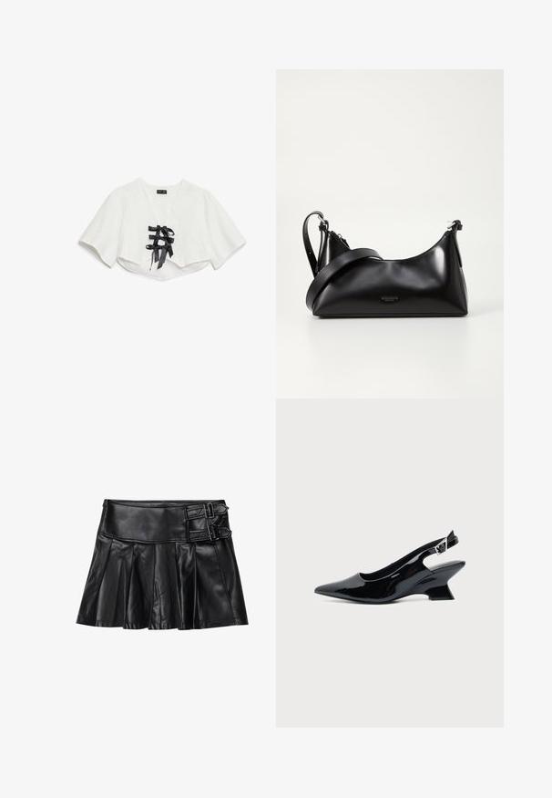 Weißes, kurzärmeliges Crop-Top mit strukturiertem Muster, V-Ausschnitt und drei schwarzen Satinband-Schleifen vorne.; Schwarze Lederrock mit Falten, breitem Bund und zwei Schnallenakzenten an der Seite. Glatte Textur mit glänzendem Finish.; Schwarzer Slingback-Schuh aus Lackleder mit spitzer Spitze und niedrigem, schrägem Blockabsatz auf einfachem hellem Hintergrund.; Schwarze lederne Handtasche mit glatter Textur. Verfügt über einen verstellbaren Riemen und ein elegantes, minimalistisches Design mit einem Reißverschluss.