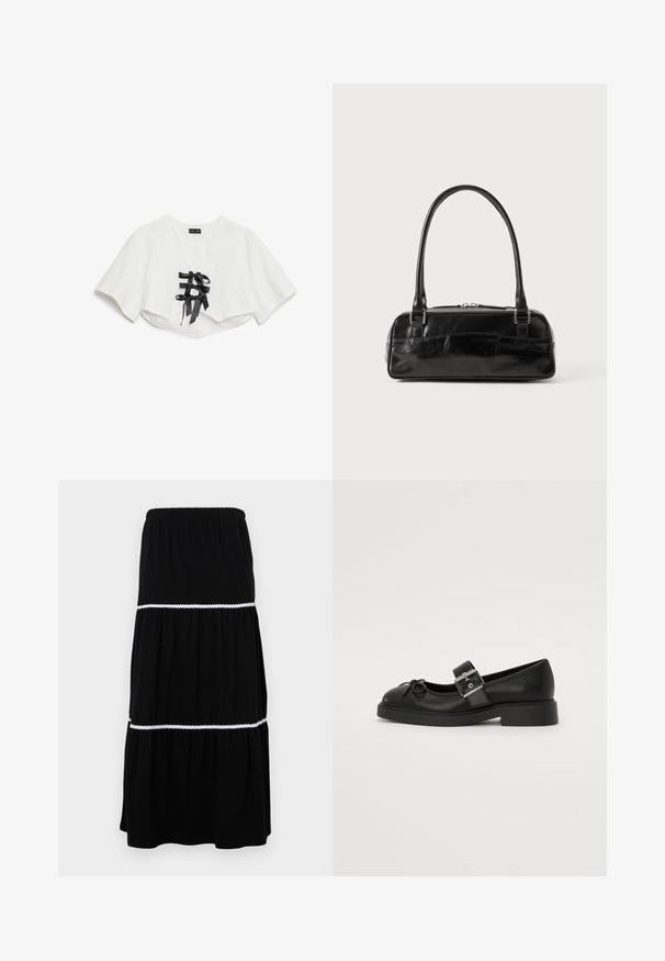 Wit crop top met korte mouwen, met een textuurpatroon, V-hals en drie zwarte satijnen lintstrikken aan de voorkant.; Zwarte gelaagde maxirok van zachte stof; heeft een elastische tailleband en witte geschulpte rand tussen de lagen voor extra detail.; Zwarte leren Mary Jane-schoen met een ronde neus, enkelband en details met zilveren gesp. Heeft een platte, chunkyzool en een strikaccent.; Zwarte leren handtas met een rechthoekige vorm, voorzien van een enkele gestructureerde handgreep, zilveren hardware en ritsluiting. Gladde textuur.