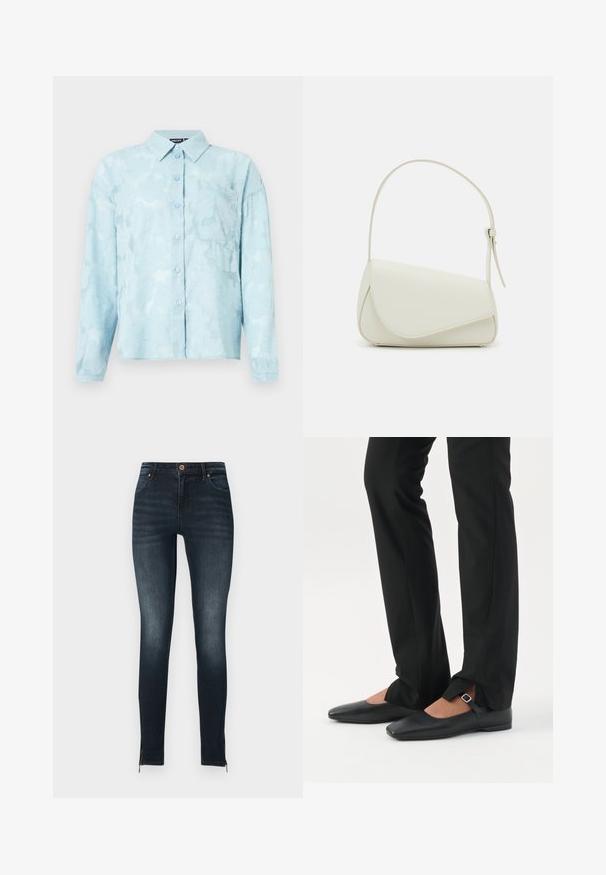 Hellblaues, blümchenmusterndes Hemd aus transparentem Stoff, mit Kragen, Knopfleiste und einer Brusttasche. Lange Ärmel mit Manschetten.; Schmale dunkelblaue Jeans aus Denim, mit Knopfverschluss, Vordertaschen und Reißverschlüssen an den Knöcheln. Glatte Textur mit leichtem Verblassen.; Beine in schwarzen schmalen Hosen mit vorderen Schlitzen am Saum, kombiniert mit schwarzen flachen Mary-Jane-Schuhen mit kleinem Schnallenriemen.; Weiße Kunstleder-Handtasche mit einer strukturierten dreieckigen Form, einem verstellbaren Einzelgurt und einem Klappenverschluss mit geschwungenen Akzenten.