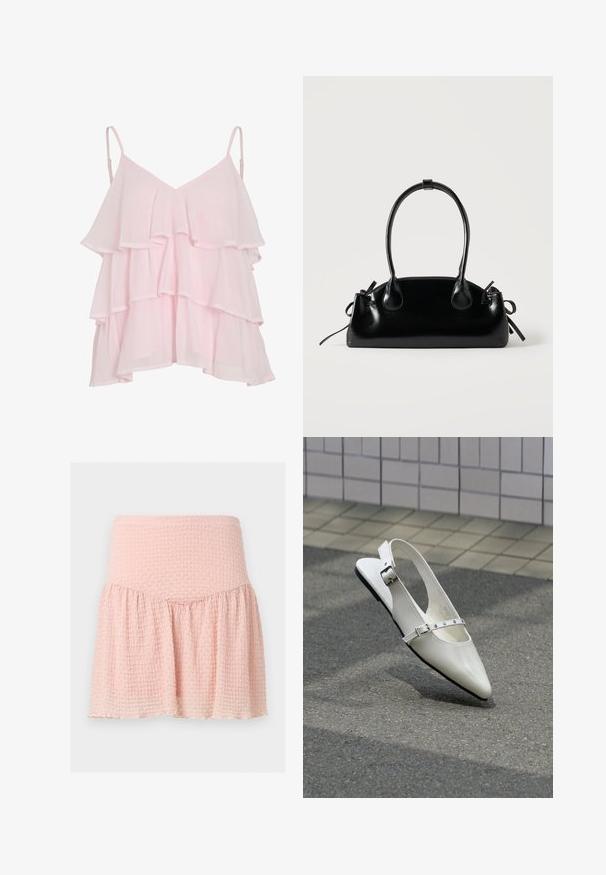 Haut sans manches en couches rose clair avec des bretelles spaghetti réglables et un design flottant et volé.; Mini-jupe rose clair texturée avec une large ceinture et un détail de tissu froncé sur un fond uni.; Chaussure plate slingback blanche pointue avec deux boucles argentées, présentée en extérieur sur un sol texturé et un mur carrelé en arrière-plan.; Petit sac à main noir brillant avec deux longues anses et des détails à cordon sur les côtés sur un fond clair uni.
