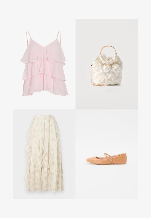 Haut sans manches en couches rose clair avec des bretelles spaghetti réglables et un design flottant et volé.; Longue jupe crème avec un motif floral subtil et des détails à volants en cascade, fabriquée en tissu léger et transparent.; Ballerines en cuir nues avec un bout pointu, une sangle extérieure et un détail en métal rond. Texture lisse et design minimaliste.; Sac à main blanc orné de roses en tissu, doté d'une poignée circulaire dorée et d'une bandoulière en chaîne dorée sur un fond uni.