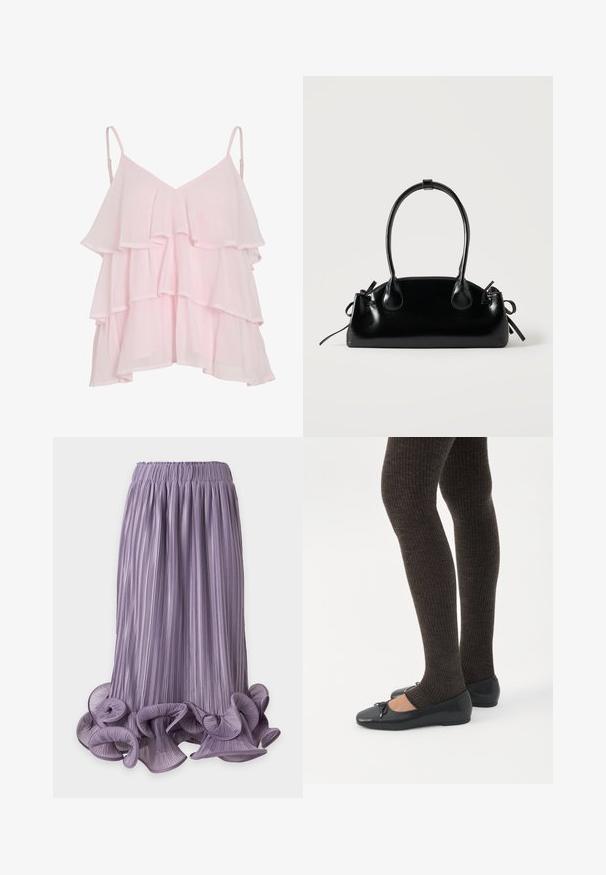 Lys pink lagdelt ærmeløs top med justerbare spaghetti stropper og et svævende, flæset design.; Lavendel plisseret mellemlang nederdel med bølget, krøllet kant og elastisk taljebånd på en ensfarvet baggrund.; Ben iført mørke ribbede leggings kombineret med sorte balletsko med små sløjfedetaljer på hvid baggrund.; Lille sort blank håndtaske med to lange håndtag og snøre-detaljer i siden på en ensfarvet lys baggrund.