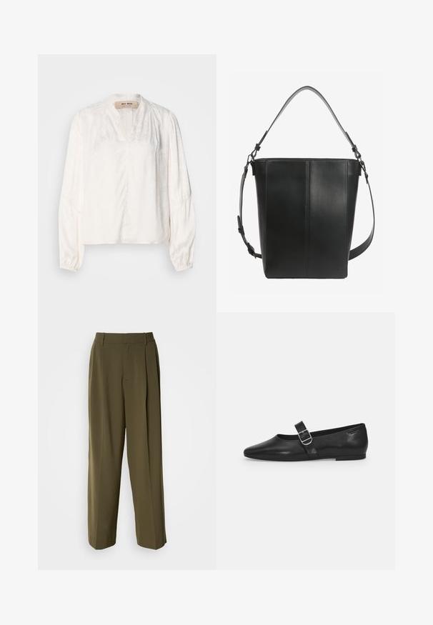 Blouse blanche avec un décolleté en V, des manches bouffantes longues et un motif floral subtil. Fabriquée en tissu léger avec une texture lisse et douce.; Pantalons à jambes larges vert olive en tissu lisse, dotés d'une taille haute, de plis sur le devant et de poches latérales pour plus de fonctionnalité.; Chaussure plate en cuir noir avec un bout arrondi, une seule sangle réglable à boucle et une texture lisse et brillante. Design minimaliste avec un petit talon.; Sac seau en cuir noir avec deux bretelles réglables et des détails de couture minimalistes sur un fond uni.