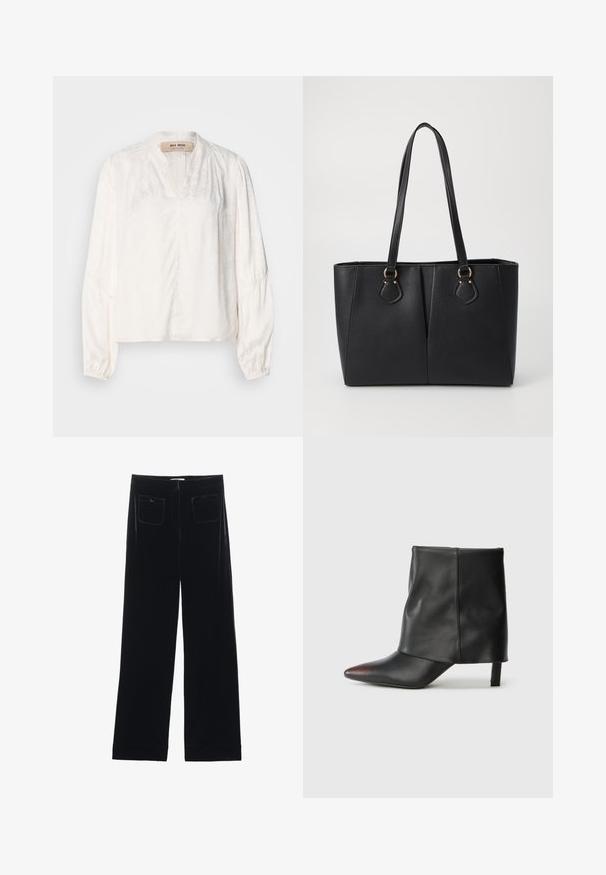 Blouse blanche avec un décolleté en V, des manches bouffantes longues et un motif floral subtil. Fabriquée en tissu léger avec une texture lisse et douce.; Pantalons larges en velours noir avec deux poches arrière et une texture lisse, présentant une coupe droite et une finition ourlée aux chevilles.; Bottine noire en cuir lisse avec un bout pointu et un talon effilé. La tige présente un design légèrement froncé.; Sac fourre-tout noir en simili cuir avec une finition texturée, deux longues poignées et des accents en métal doré sur le côté. Shape rectangulaire.