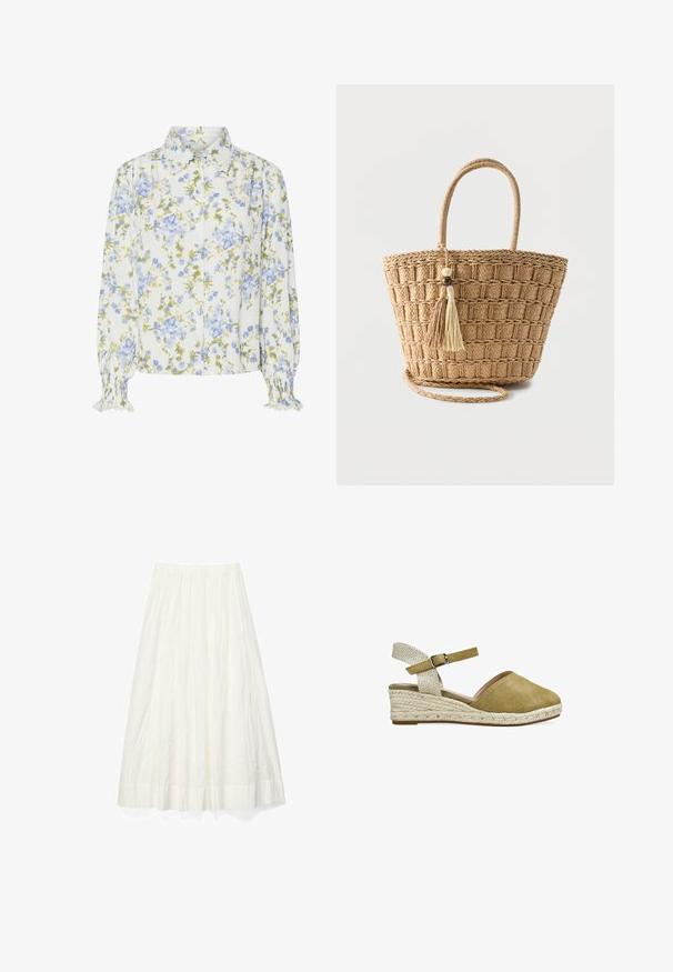 Blusa floral con base blanca, adornada con flores azules y verdes. Diseño con cuello y frontales de botones, con puños con volantes. Mangas largas.; Falda larga blanca plisada con una cinturilla ancha y textura sutil, mostrada sobre un fondo blanco liso.; Sandalia alpargata de cuña con puntera cerrada de ante color tostado, suela de cuerda trenzada y correa ajustable en el tobillo con hebilla sobre fondo blanco.; Bolso tote de paja tejido con asas redondeadas, patrón cuadrado y dos borlas colgantes con cuentas de madera sobre un fondo liso.