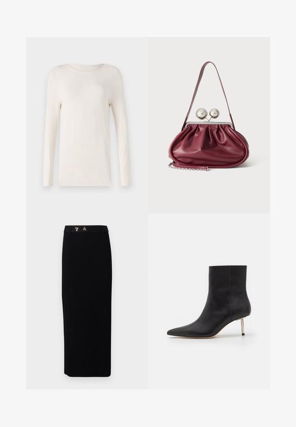 Langermet skjorte i off-white, lavet af blødt materiale, med rund halsudskæring og et enkelt, tætsiddende design. Glat tekstur, ingen mønstre.; AERON FORUM - Pencil skirt - black; Sorte læder ankelstøvler med spids tå og en tynd metallisk hæl. Glat tekstur med klare linjer og minimalistiske designfunktioner.; Lille bordeaux læderhåndtaske med rynkede detaljer, en tynd rem og en sølvspænde med to store runde knopper.