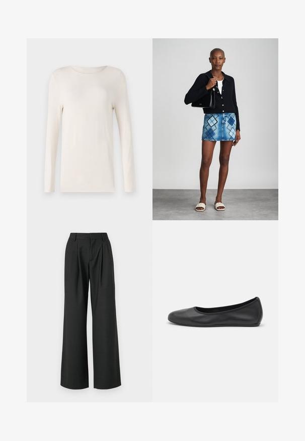 Dlhý rukáv košeľa v off-white farbe, vyrobená z mäkkého materiálu, s okrúhlym výstrihom a jednoduchým, priliehavým strihom. Hladká textúra, bez vzorov.; Won Hundred CAMILLE TROUSERS - Nohavice - licorice; Čierne kožené baleríny s okrúhlou špičkou, hladkým povrchom, minimálnym prešívaním a flexibilným dizajnom podrážky.; Čierny pletený kardigán, biele tričko, džínsová sukňa s modro-čiernym diamantovým vzorom, čierna kabelka a béžové šľapky.