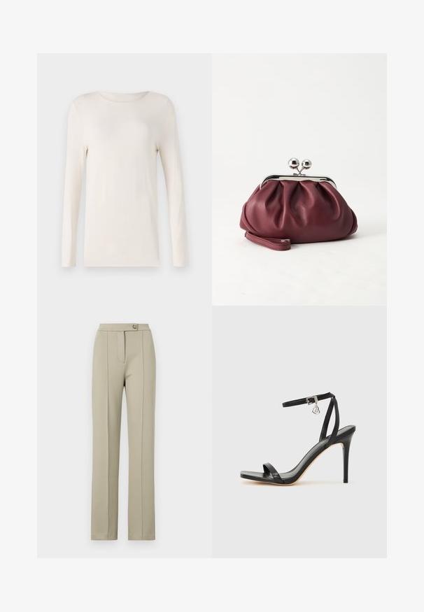 Dlhý rukáv košeľa v off-white farbe, vyrobená z mäkkého materiálu, s okrúhlym výstrihom a jednoduchým, priliehavým strihom. Hladká textúra, bez vzorov.; Béžové tailored nohavice so striedmym strihom, s predným zipsom, jednouchým zapínaním na gombík a jemne preložnými záhybmi pozdĺž predných nohavíc.; Čierna sandála na vysokom opätku s úzkym remienkom okolo členka, štvorcovou špičkou, hladkým koženým materiálom a kovovým zapínaním.; Malá bordová kožená kabelka so strieborným kovovým zapínaním a remienkom na zápästie na bielom pozadí.