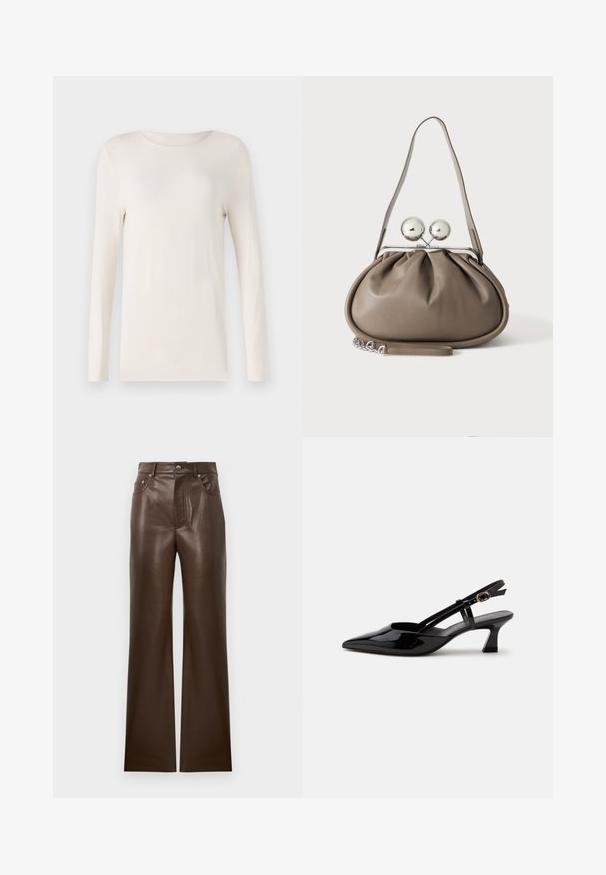Dlhý rukáv košeľa v off-white farbe, vyrobená z mäkkého materiálu, s okrúhlym výstrihom a jednoduchým, priliehavým strihom. Hladká textúra, bez vzorov.; Hnedé kožené zvonové nohavice s hladkou textúrou, dizajnom s piatimi vreckami, predným zipsom a kovovým zapínaním, s vysokým pásom.; Čierny lesklý lodička so strapcom na päte s nízkym podpätkom, špicatou špičkou a nastaviteľným zlatým remienkom na bielom pozadí.; Šedá kožená kabelka zaobleného tvaru, horné zapínanie s dvoma veľkými striebornými guľami a jeden popruh na držanie.