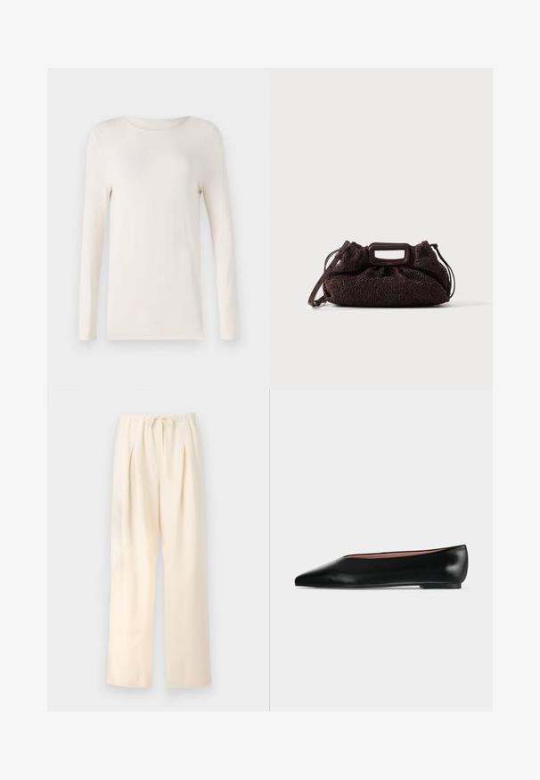 Dlhý rukáv košeľa v off-white farbe, vyrobená z mäkkého materiálu, s okrúhlym výstrihom a jednoduchým, priliehavým strihom. Hladká textúra, bez vzorov.; Béžové skladané nohavice s elastickým pásom a nastaviteľným šnúrkovým viazaním. Ľahká tkanina a široký, rovný strih nohavíc.; Čierna kožená dámska balerína s špicatou špičkou a nízkym opätkom, zobrazená z boku na jednoliatom svetlosivom pozadí.; Tmavohnedá textúrovaná kabelka s obdĺžnikovým výrezom na rukoväť a odnímateľným ramenným popruhom na jednofarebnom svetlom pozadí.