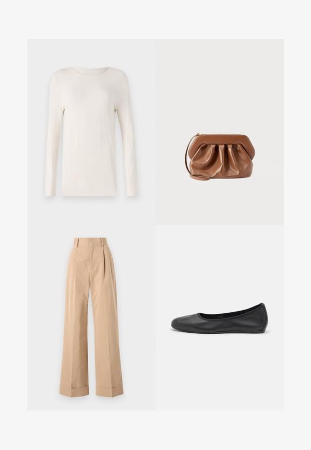 Langermet skjorte i off-white, lavet af blødt materiale, med rund halsudskæring og et enkelt, tætsiddende design. Glat tekstur, ingen mønstre.; Beige bukser med vid ben og høj talje, der har læg og en glat tekstur. Cuffene er foldet, hvilket tilføjer en struktureret detalje.; Sort læderballetsko med rund tå, glat tekstur, minimal syning og et fleksibelt såldesign.; Brun læderclutch med rynket detalje, struktureret ramme, håndledsrem og gyldent lynlås på en ensartet lys baggrund.
