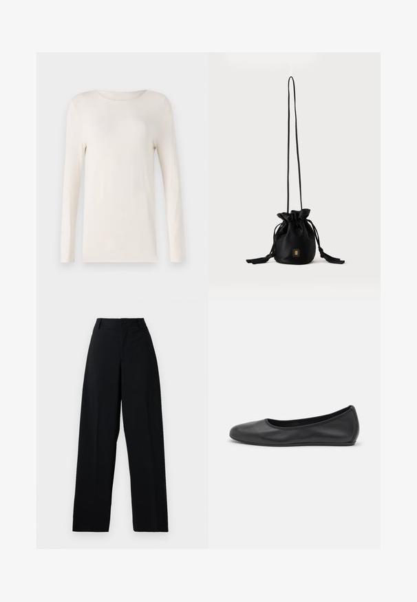 Langemouws-shirt in off-white, gemaakt van zacht materiaal, met een ronde hals en een eenvoudig, getailleerd ontwerp. Gladde textuur, geen patronen.; Zwarte high-waisted wijdere broek met knoop- en ritsluiting, riemlussen en een nette, gladde stofafwerking.; Zwarte leren ballerina met een ronde neus, gladde textuur, minimale stikdetails en een flexibele zoolontwerp.; Zwarte bucketbag met trekkoord, lange dunne band en klein goudkleurig vierkant logo aan de voorkant, weergegeven tegen een eenvoudige achtergrond.