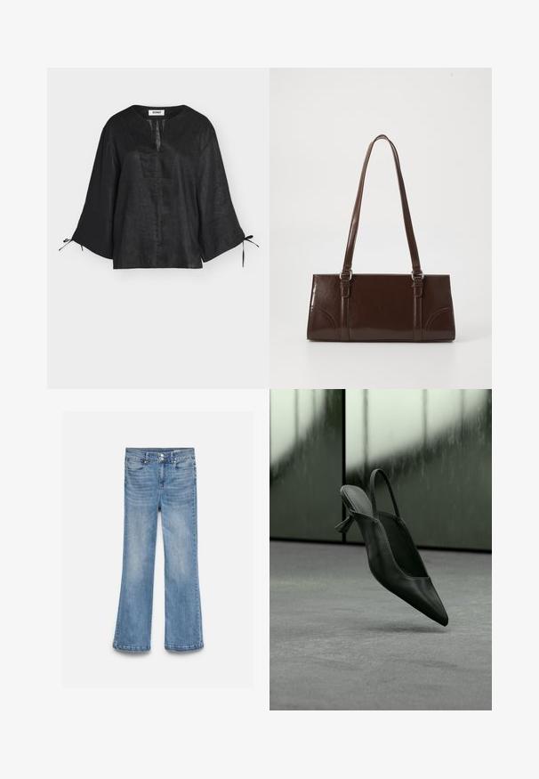 Blouse en lin noir avec manches larges trois-quarts, fente en V et liens aux poignets, présentée sur fond blanc.; Jean en denim bleu clair avec une taille haute, une fermeture double bouton, des poches avant et arrière, et des jambes légèrement évasées.; Escarpin à talon haut en cuir noir avec bride arrière et bout pointu, flottant au-dessus d'un sol recouvert de moquette grise, mur verdâtre flou en arrière-plan.; Sac à main en cuir verni marron de forme rectangulaire, avec deux longues poignées et des accents courbés subtils à l'avant.