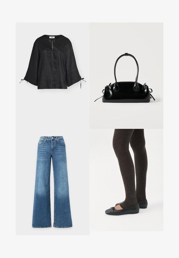 Blouse en lin noir avec manches larges trois-quarts, fente en V et liens aux poignets, présentée sur fond blanc.; Jean bleu taille haute à jambes larges avec bouton à l'avant, fermeture éclair, poches avant et arrière, présenté sur un fond blanc.; Jambes portant des leggings côtelés foncés associés à des ballerines noires avec de petits détails en nœud sur fond blanc.; Petit sac à main noir brillant avec deux longues anses et des détails à cordon sur les côtés sur un fond clair uni.